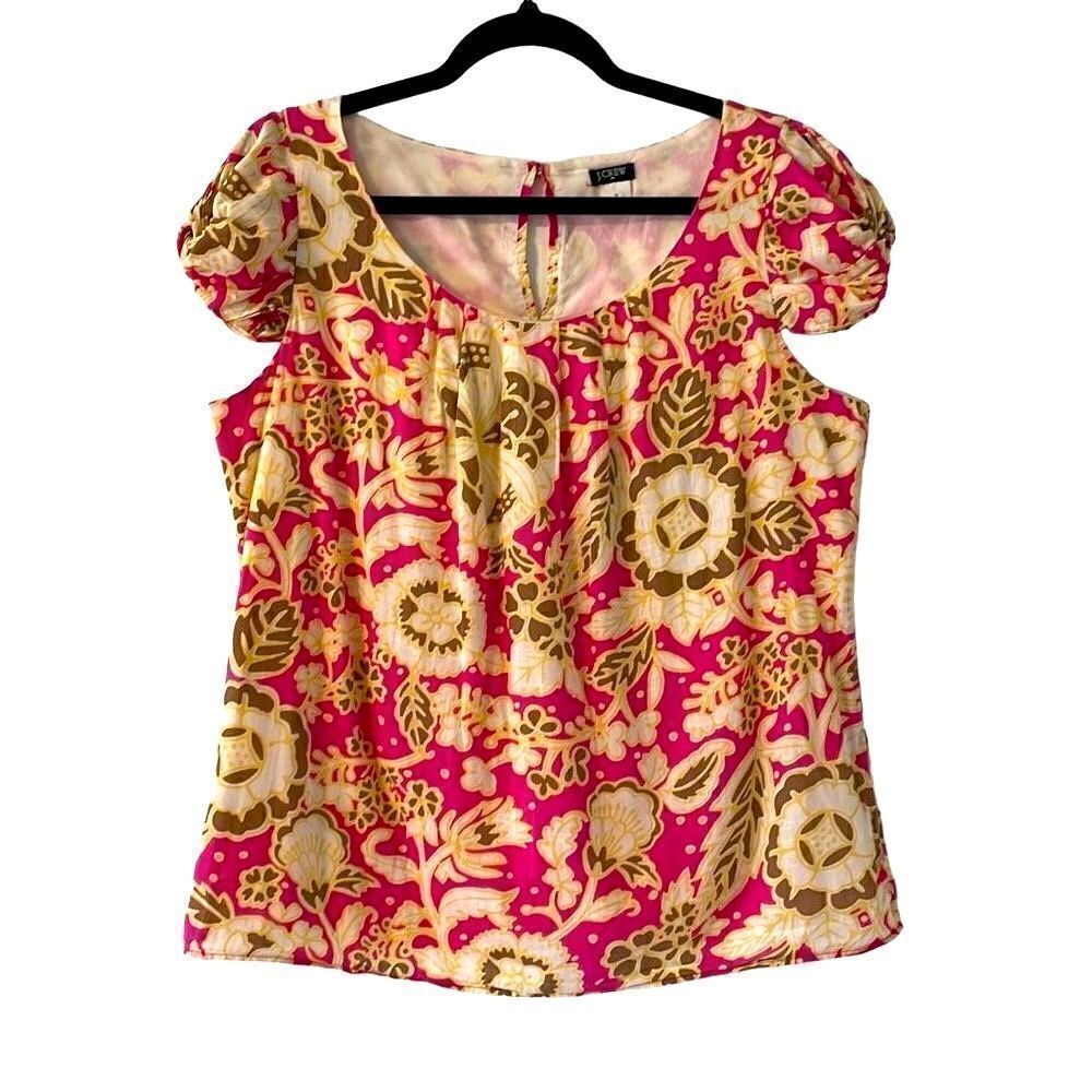 J. Crew pink & cream 100% cotton short twist sleeve floral print top Small